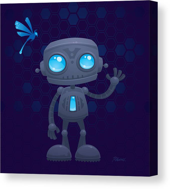Robotandroiddroidfriendlycutewavewavingmachinefuturevectorcartoonillustrationhumorbluegrayhellosmilegreetingmascot Canvas Print featuring the digital art Waving Robot by John Schwegel