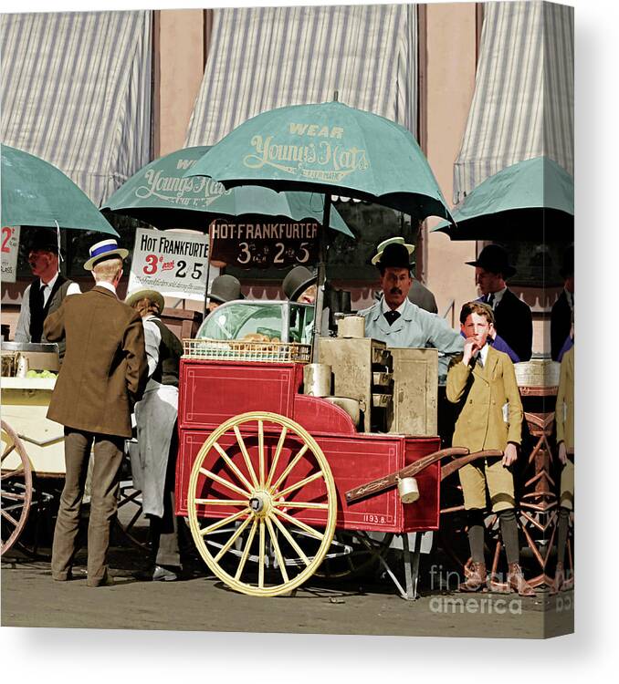 Wingsdomain Canvas Print featuring the photograph Wear Youngs Hats At Frankfurter Hot Dog Stands 3 Cents Each 20170707 square v2 colorized by Wingsdomain Art and Photography