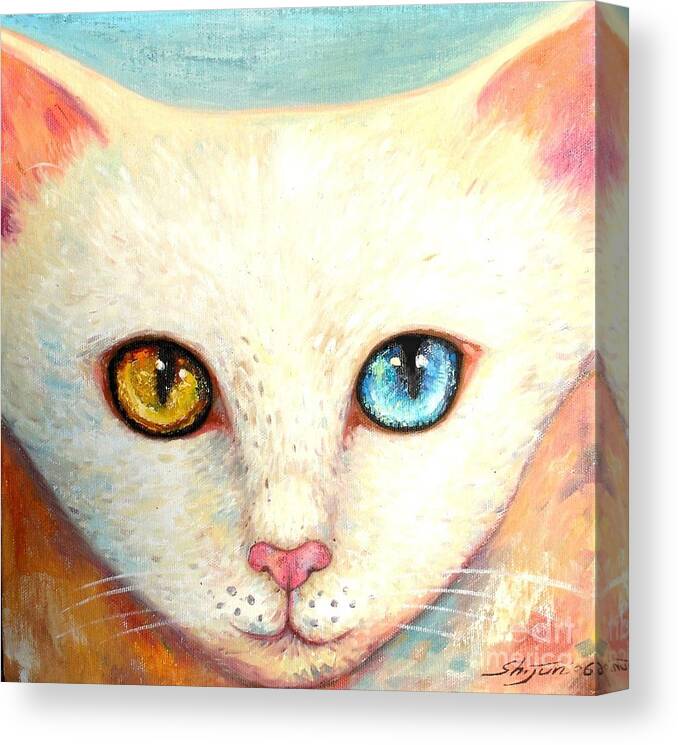 Portrait Canvas Print featuring the painting White Cat by Shijun Munns