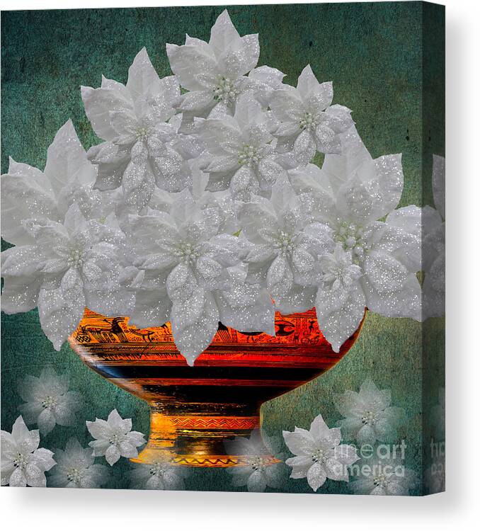 Poinsettias Canvas Print featuring the photograph White Poinsettias In A Bowl by Saundra Myles
