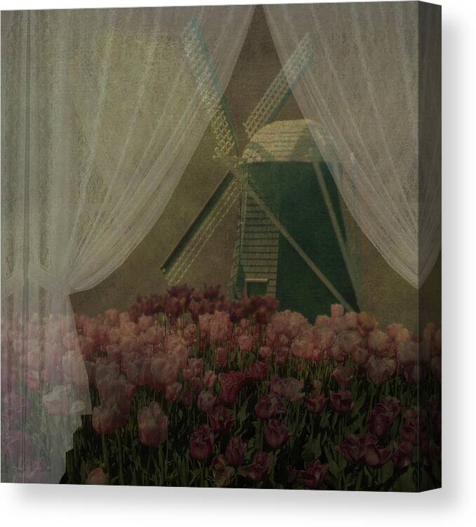 Tulips Canvas Print featuring the photograph Windmill through laced curtain by Jeff Burgess