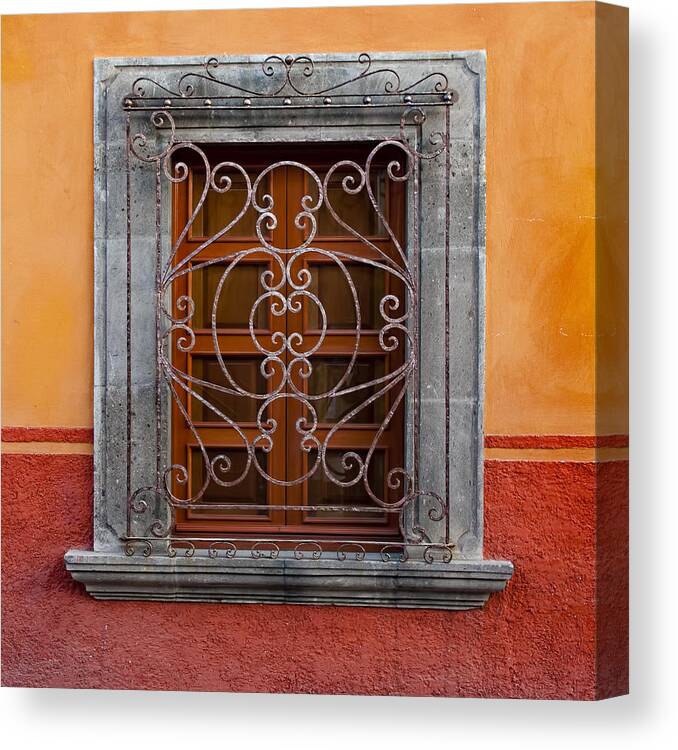 San Miguel De Allende Canvas Print featuring the photograph Window on Orange Wall San Miguel de Allende by Carol Leigh