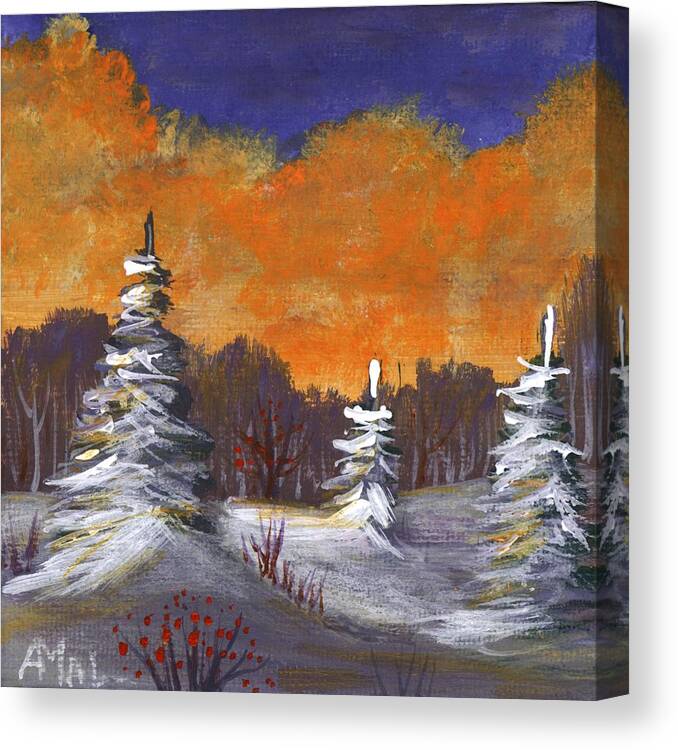 Winter Canvas Print featuring the painting Winter Nightfall #2 by Anastasiya Malakhova