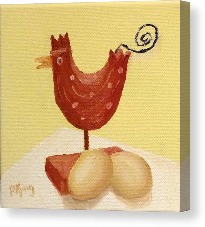 Kitchen Canvas Print featuring the painting Wooden Chicken and 2 Brown Eggs by Peggy King