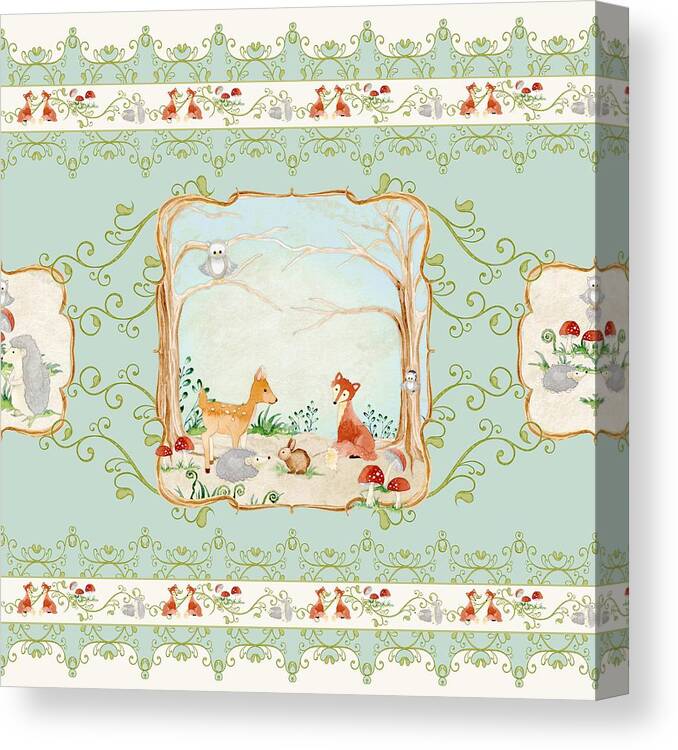 Wood Canvas Print featuring the painting Woodland Fairy Tale - Aqua Blue Forest Gathering of Woodland Animals by Audrey Jeanne Roberts