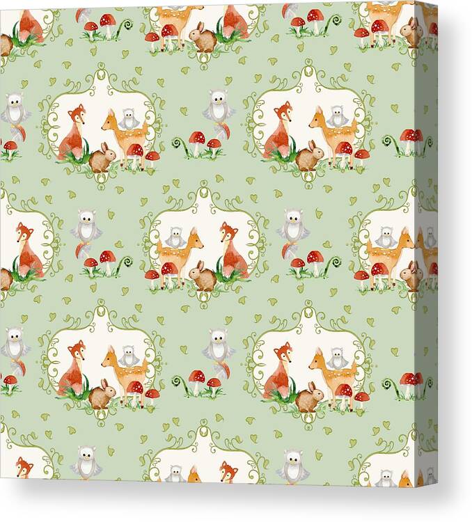 Trendy Canvas Print featuring the painting Woodland Fairy Tale - Mint Green Sweet Animals Fox Deer Rabbit owl - Half Drop Repeat by Audrey Jeanne Roberts