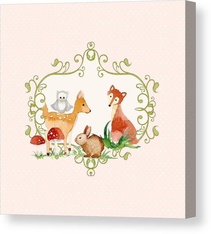 Woodland Canvas Print featuring the painting Woodland Fairytale - Animals Deer Owl Fox Bunny n Mushrooms by Audrey Jeanne Roberts