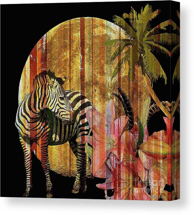 Zebra Canvas Print featuring the painting Zebras Lilies and Moonlight by Saundra Myles