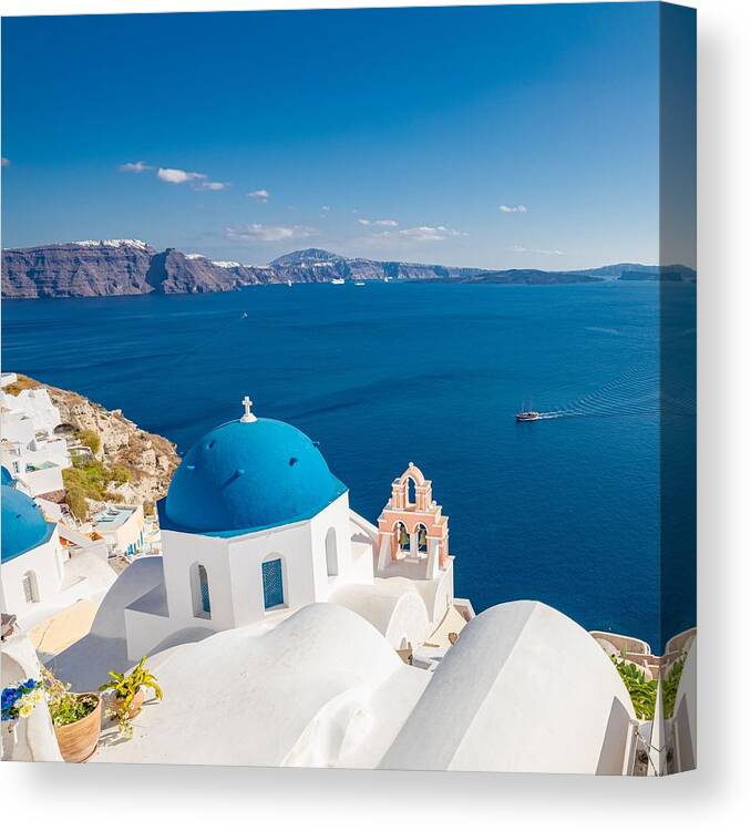 Landscape Canvas Print featuring the photograph Beautiful Oia Town On Santorini Island #1 by Levente Bodo