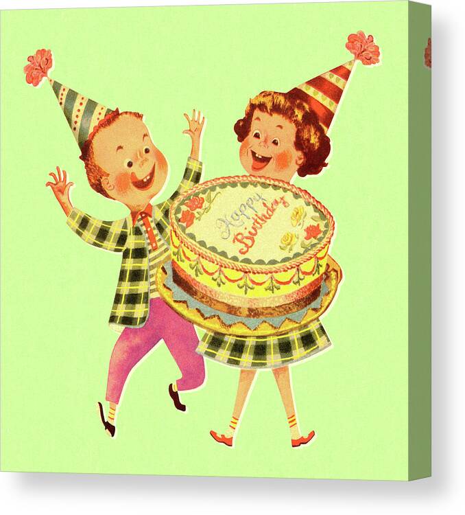 Accessories Canvas Print featuring the drawing Boy and Girl With Birthday Cake #1 by CSA Images