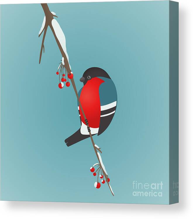 Berry Canvas Print featuring the digital art Bullfinch Sitting On Ashberry Twig by Popmarleo