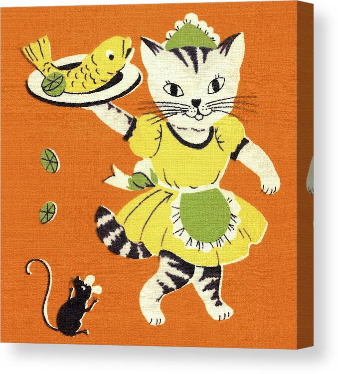 Animal Canvas Print featuring the drawing Cat Waitress Carrying Fish by CSA Images
