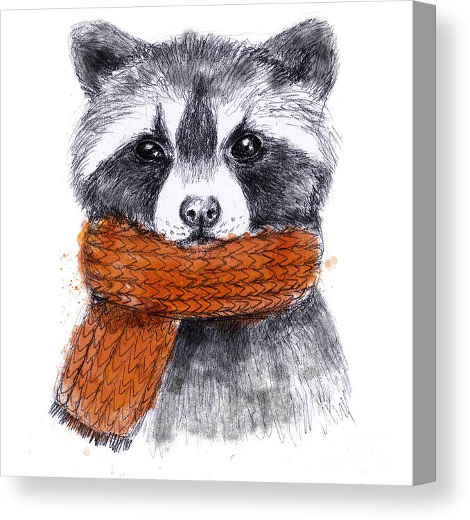 Young Canvas Print featuring the digital art Cute Raccoon With Scarf Sketchy by Maria Sem