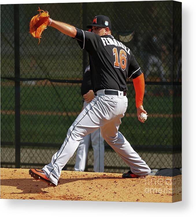 People Canvas Print featuring the photograph Miami Marlins Workout by Rob Foldy