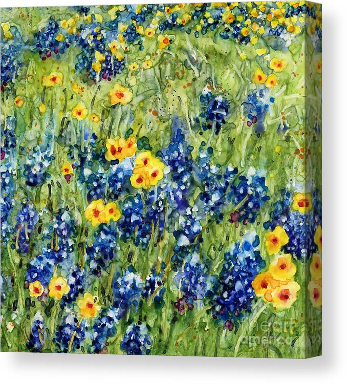 Bluebonnet Canvas Print featuring the painting Painted Hills - Bluebonnets and Coreopsis by Hailey E Herrera