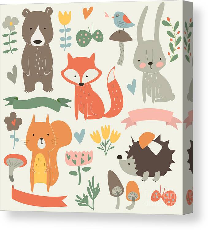 Forest Canvas Print featuring the digital art Set Of Forest Animals In Cartoon Style by Kaliaha Volha