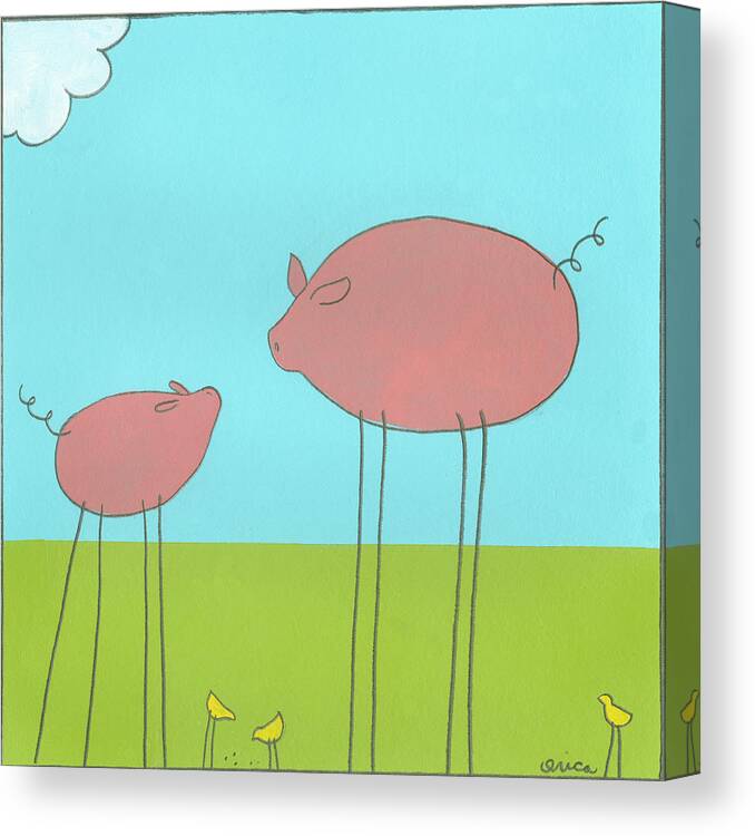 Juvenile Canvas Print featuring the painting Stick-leg Pig II #1 by June Erica Vess