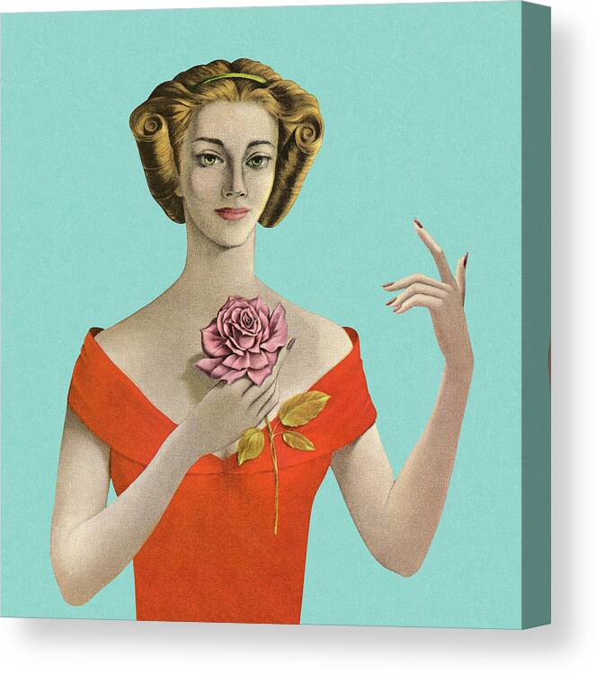 Adult Canvas Print featuring the drawing Woman Holding a Flower #1 by CSA Images
