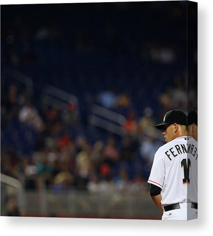 People Canvas Print featuring the photograph Washington Nationals V Miami Marlins by Mike Ehrmann