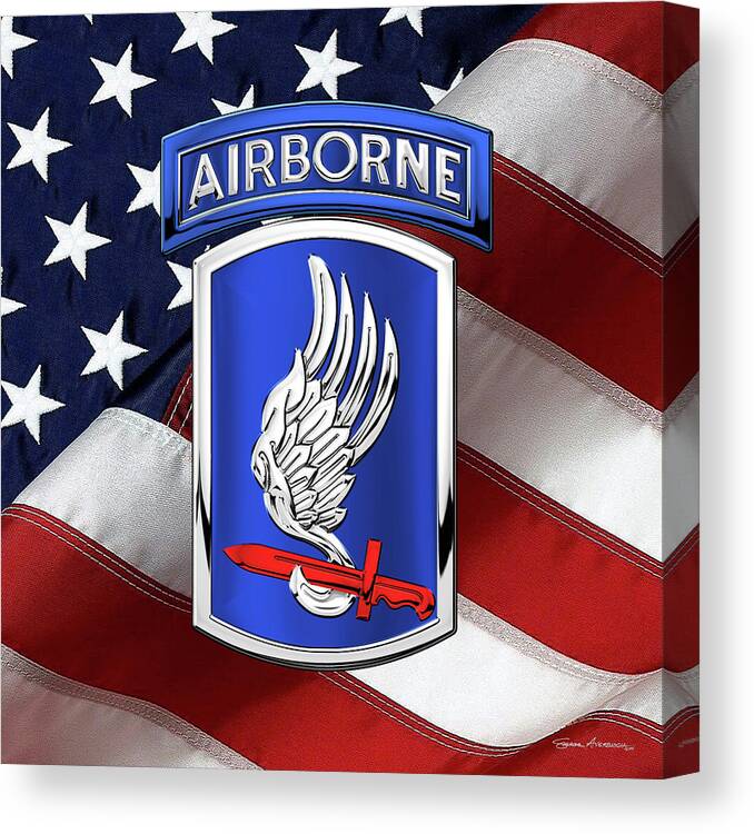 Military Insignia & Heraldry By Serge Averbukh Canvas Print featuring the digital art 173rd Airborne Brigade Combat Team - 173rd A B C T Insignia over Flag by Serge Averbukh