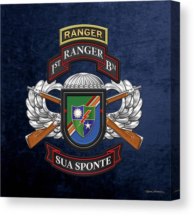  Military Insignia & Heraldry Collection By Serge Averbukh Canvas Print featuring the digital art 1st Ranger Battalion - Army Rangers Special Edition over Blue Velvet by Serge Averbukh