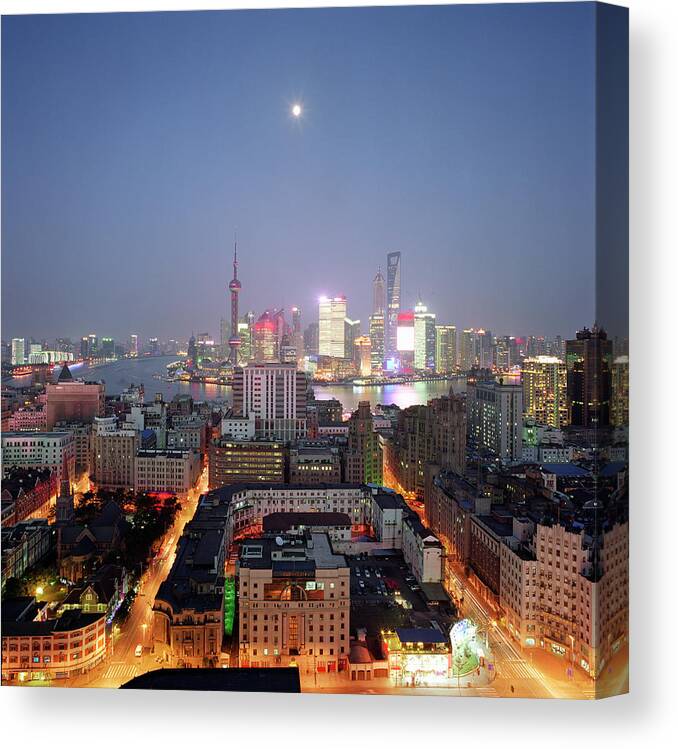 Clear Sky Canvas Print featuring the photograph China, Shanghai Skyline And Financial #2 by Martin Puddy