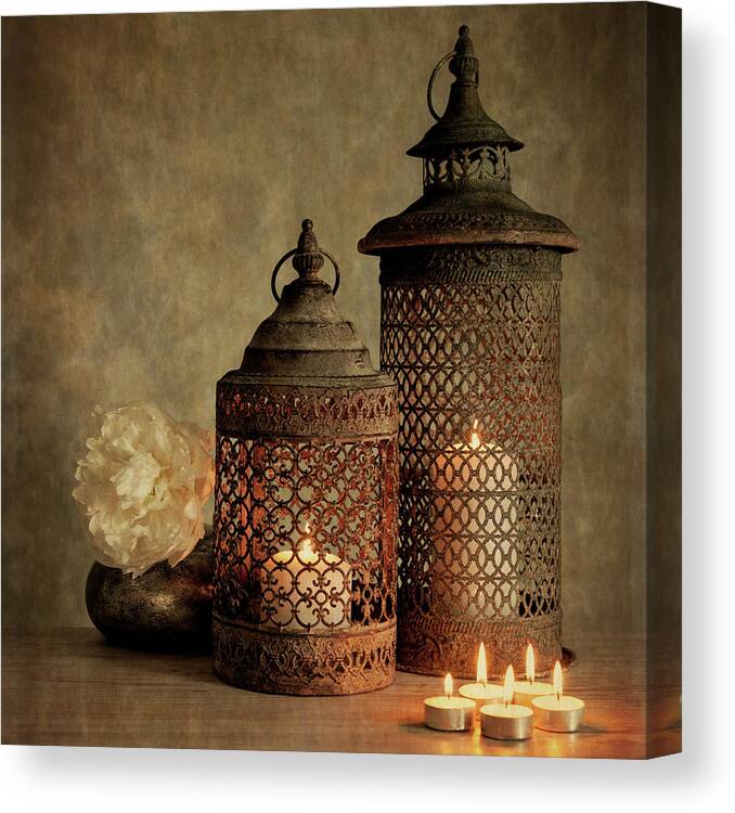 2 Lanterns With Flower Canvas Print featuring the photograph 2 Lanterns With Flower by Tom Quartermaine