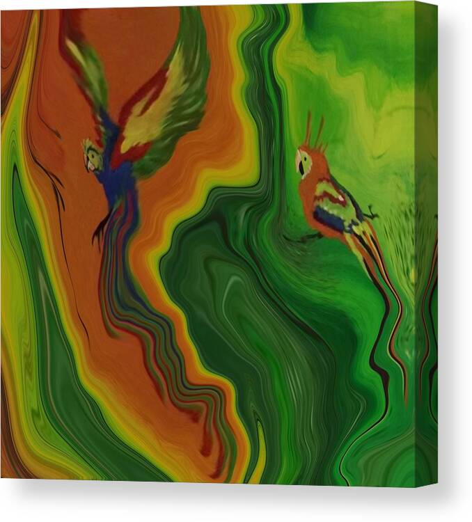 Abstract Canvas Print featuring the painting Abstract Art - Colorful Fluid Painting Pattern with Parrots by Patricia Piotrak