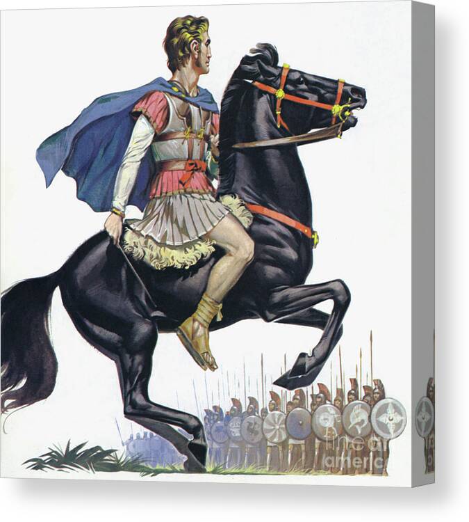 Alexander The Great Canvas Print featuring the painting Alexander The Great on his horse Bucephalus by Angus McBride
