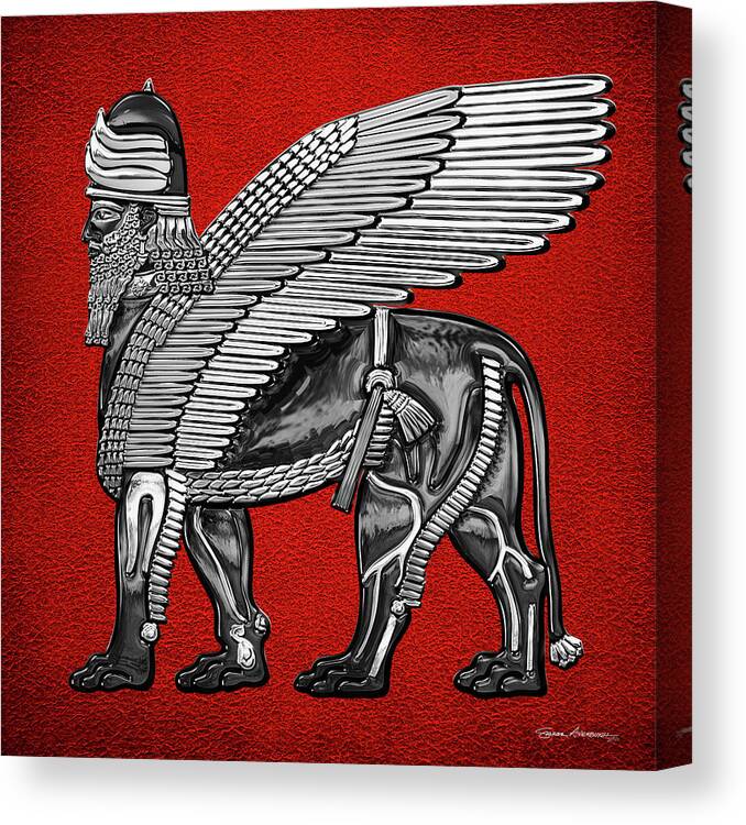 Treasures Of Mesopotamia Collection By Serge Averbukh Canvas Print featuring the digital art Assyrian Winged Lion - Silver and Black Lamassu over Red Leather by Serge Averbukh