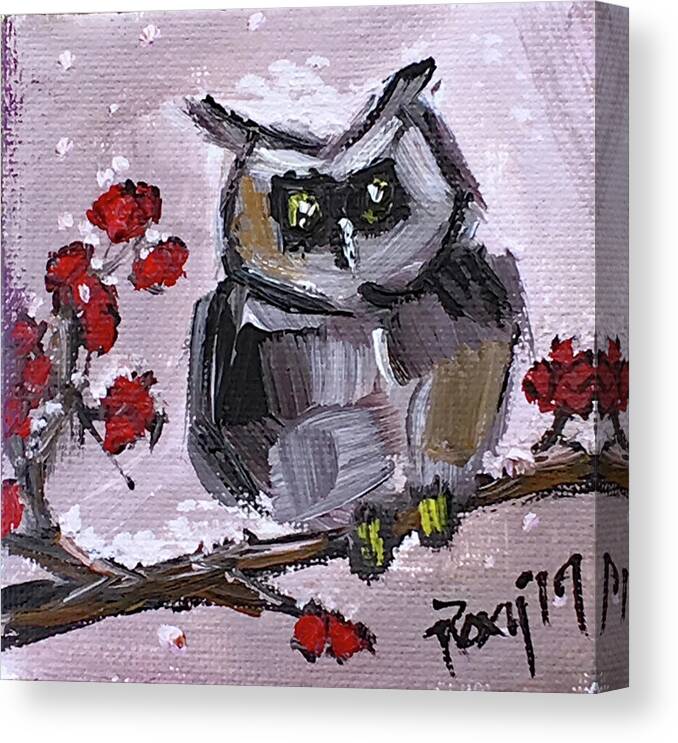 Owl Canvas Print featuring the painting Baby Owl with Berries by Roxy Rich