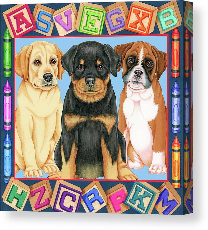 Back To School Pups Canvas Print featuring the mixed media Back To School Pups by Tomoyo Pitcher