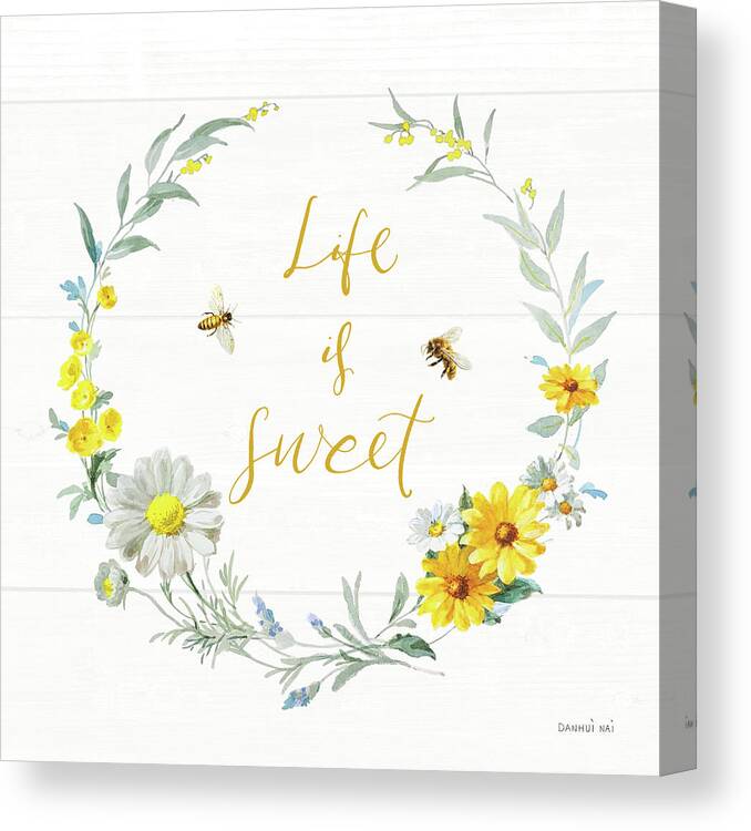 Bee Canvas Print featuring the painting Bees And Blooms_life Is Sweet Wreath by Danhui Nai