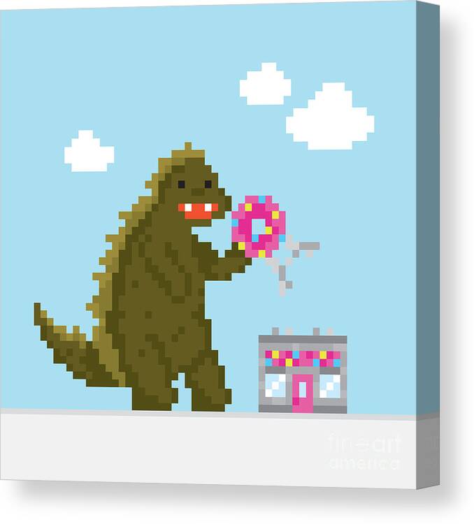 Game Canvas Print featuring the digital art Big Dinosaur Attacking Donut Cafe by Dmitriylo