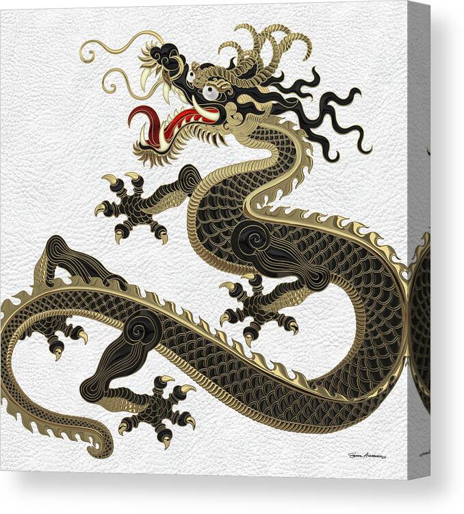‘the Great Dragon Spirits’ Collection By Serge Averbukh Canvas Print featuring the digital art Black and Gold Sacred Eastern Dragon over White Leather by Serge Averbukh