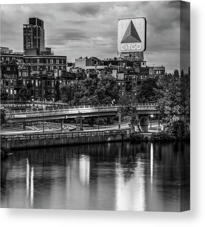 America Canvas Print featuring the photograph Boston Citgo Sign Along the Charles River - Black and White by Gregory Ballos