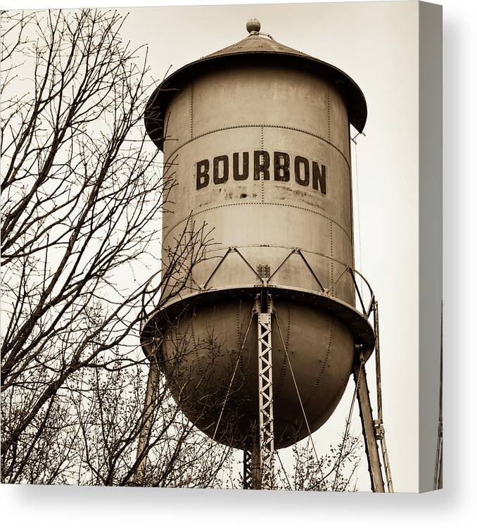 America Canvas Print featuring the photograph Bourbon Sepia Vintage Tower With Branches - Missouri Square Format by Gregory Ballos
