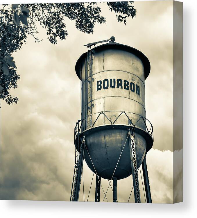 Bourbon Art Canvas Print featuring the photograph Bourbon Whiskey Water Tower and Clouds - Vintage Sepia Edition by Gregory Ballos