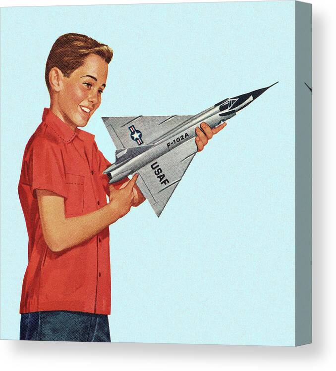 Adolescence Canvas Print featuring the drawing Boy Holding Toy Airplane by CSA Images