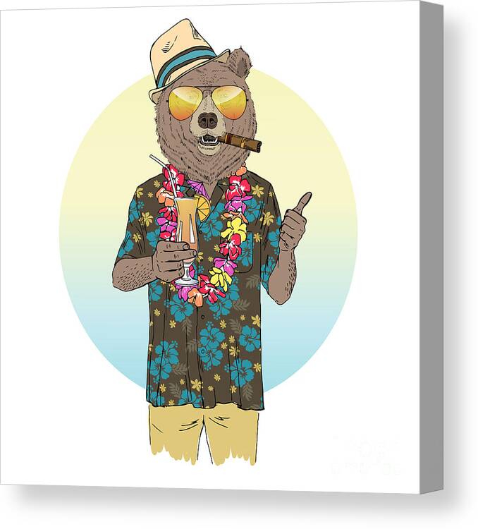 Fancy Canvas Print featuring the digital art Brown Bear Dressed Up In Aloha Shirt by Olga angelloz