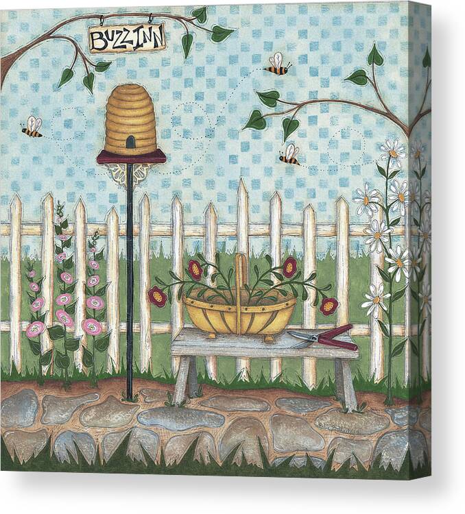 Bees Buzzing Around A Becomb Canvas Print featuring the painting Buzz Inn by Robin Betterley