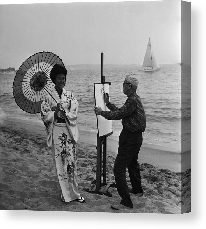 1950-1959 Canvas Print featuring the photograph Cannes. Tsuguharu Foujita Painting by Keystone-france