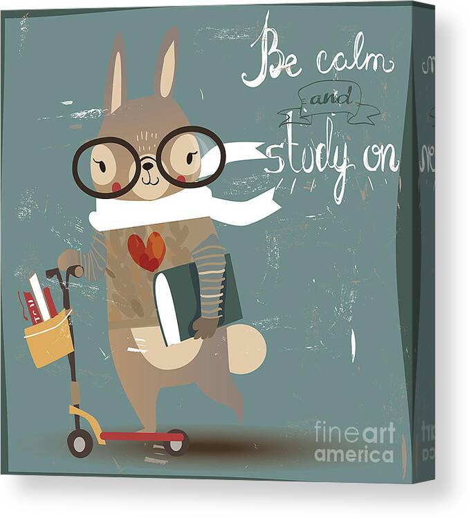 Education Canvas Print featuring the digital art Cartoon Hare With Books by Elena Barenbaum