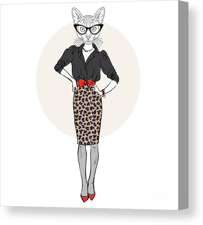 Fancy Canvas Print featuring the digital art Cat Lady Woman In Leopard Skirt Furry by Olga angelloz