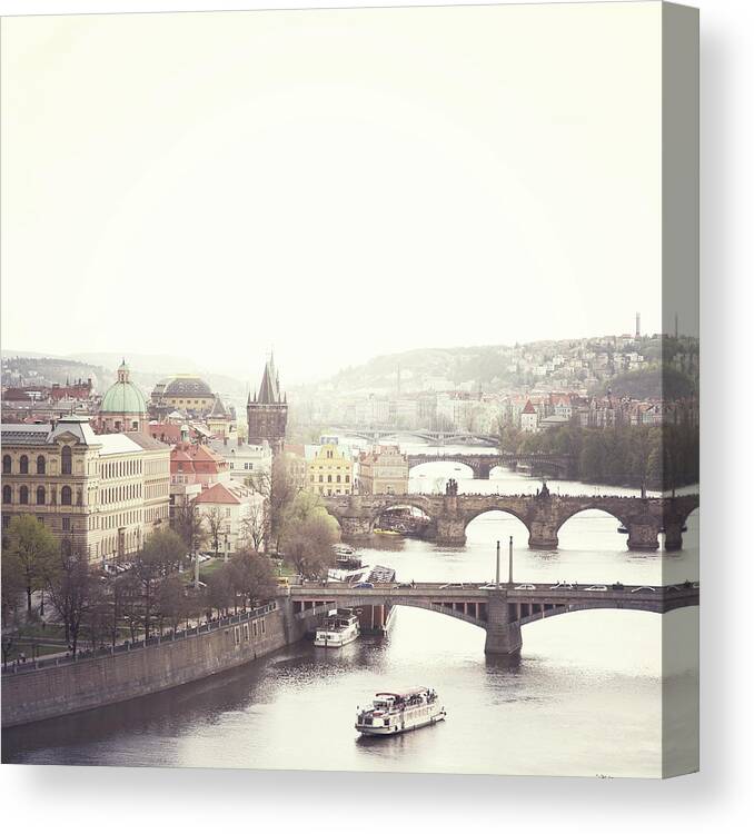 Outdoors Canvas Print featuring the photograph Charles Bridge Crossing Vltava River by Image - Natasha Maiolo