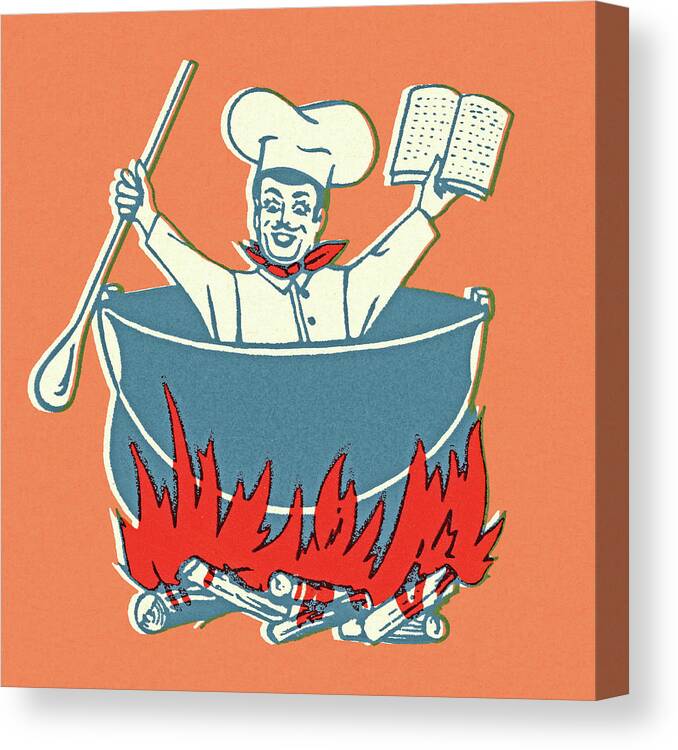 Adult Canvas Print featuring the drawing Chef in a Kettle on a Flame by CSA Images