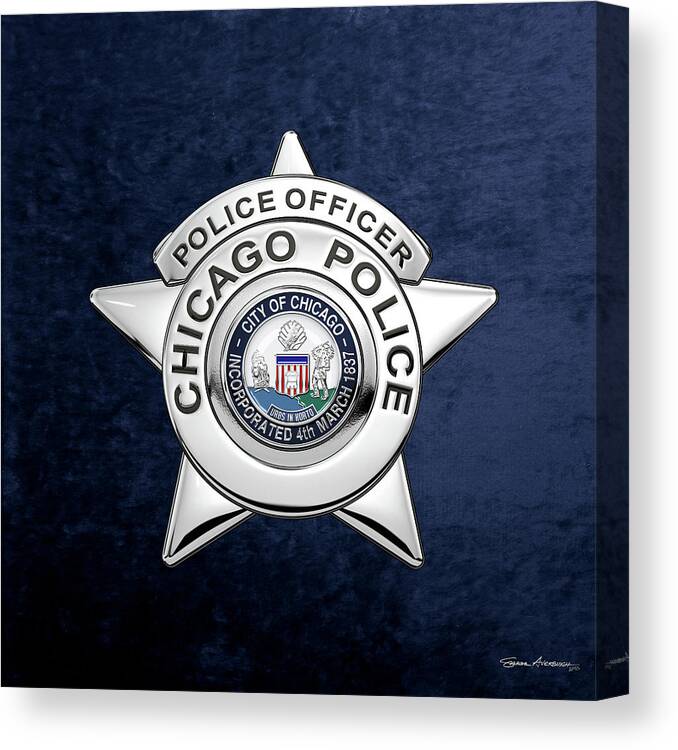  ‘law Enforcement Insignia & Heraldry’ Collection By Serge Averbukh Canvas Print featuring the digital art Chicago Police Department Badge - C P D  Police Officer Star over Blue Velvet by Serge Averbukh