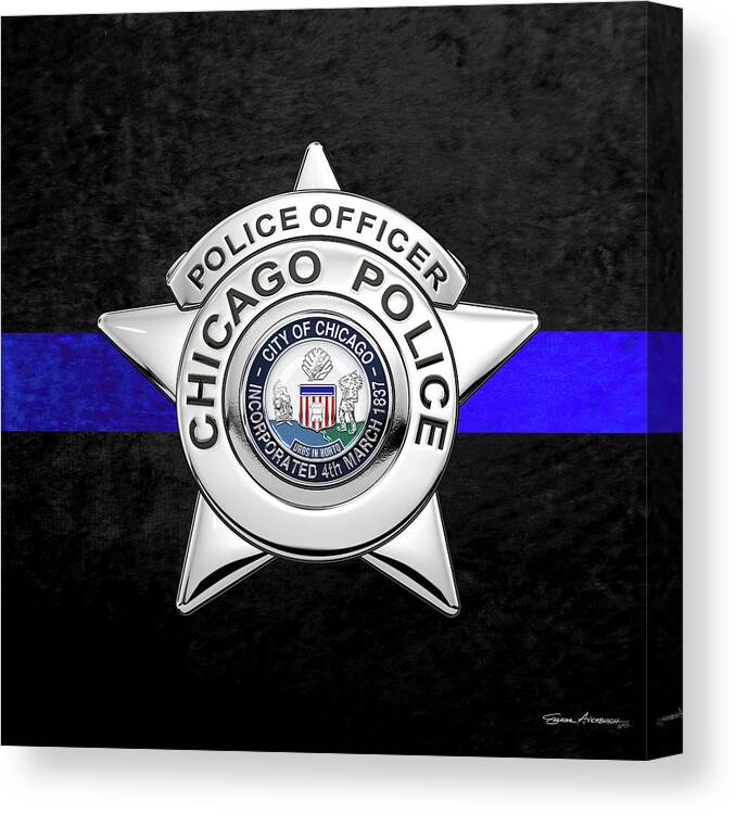  ‘law Enforcement Insignia & Heraldry’ Collection By Serge Averbukh Canvas Print featuring the digital art Chicago Police Department Badge - C P D  Police Officer Star over The Thin Blue Line by Serge Averbukh