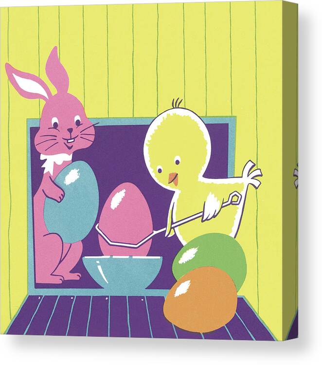 Animal Canvas Print featuring the drawing Chick and Bunny With Easter Eggs by CSA Images