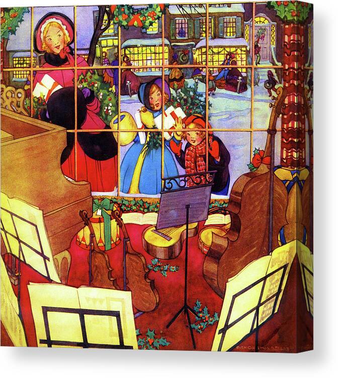 Etude Canvas Print featuring the painting Children look in a music store window at Christmas by Ruth Collings Speers